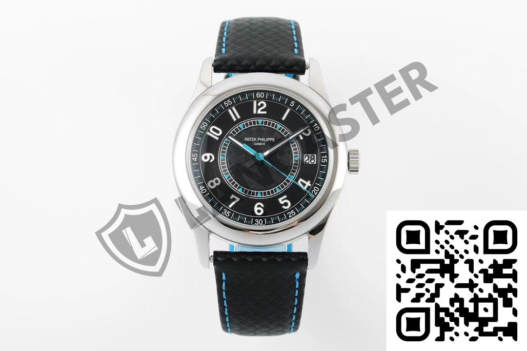 A Watch With A Black Face And Blue Straps