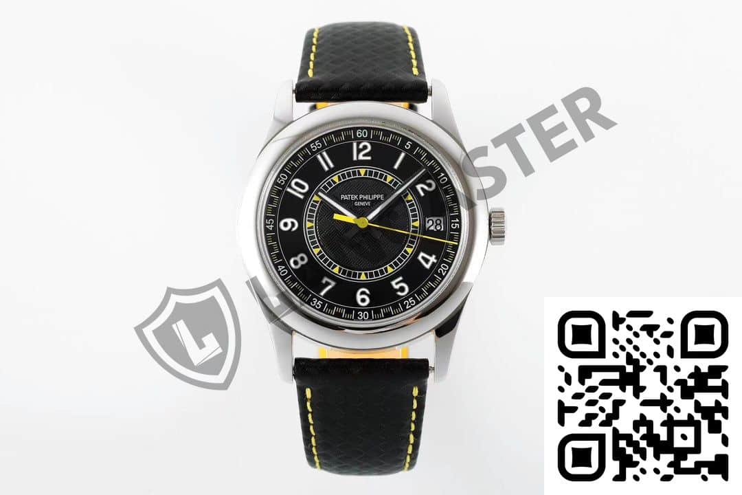 A Watch With A Black Face And Yellow Straps