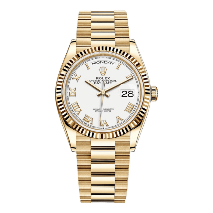 Rolex Day Date 36 Yellow Gold White Roman Dial Replica